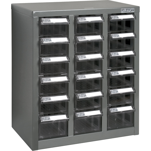 KPC-600 Parts Cabinet, Galvanized Steel, 18 Drawers, 13-9/10" x 8-7/10" x 16-3/10", Grey
