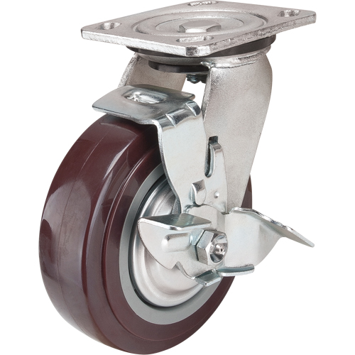 Caster, Swivel with Brake, 6" (152.4 mm), Polyurethane, 850 lbs. (385 kg.)