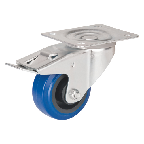 Blue Caster, Swivel with Brake, 3" (76 mm), Rubber, 285 lbs. (129 kg.)