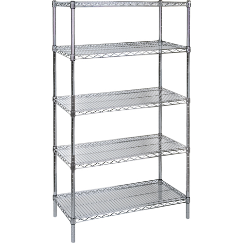 Standard-Duty Chromate Wire Shelving, 5 Tiers, 36" W x 74" H x 14" D