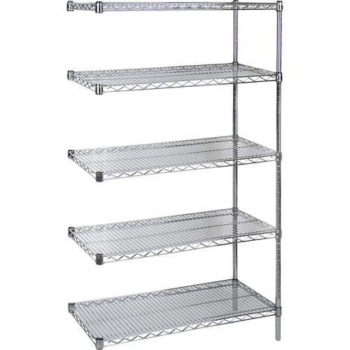 Standard-Duty Chromate Wire Shelving, Add-On Kit, 5 Tiers, 36" W x 74" H x 14" D