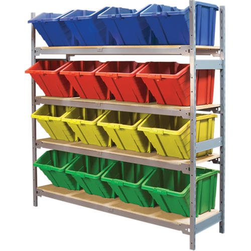 Wide Span Shelving with Jumbo Plastic Bins, Steel, Boltless, 800 lbs. Capacity, 66" W x 72" H x 18" D
