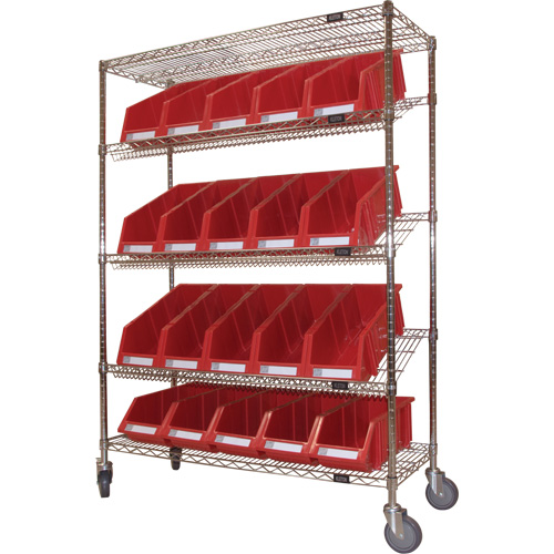 Slanted Wire Shelf Cart with Bins, 5 Tiers, 48" W x 69" H x 18" D