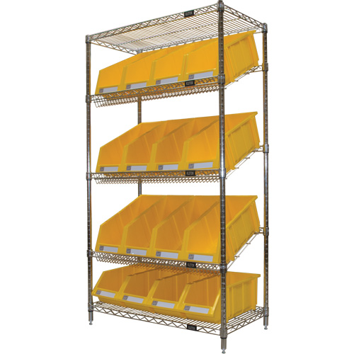 Slanted Wire Shelf with Bins, 5 Tiers, 36" W x 63" H x 18" D