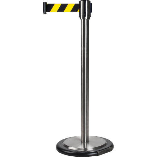 Free-Standing Crowd Control Barrier, Steel, 35" H, Black/Yellow Tape, 7' Tape Length