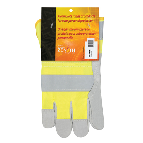 High Visibility Fitters Gloves, Large, Split Cowhide Palm, Cotton Inner Lining