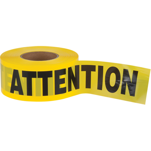 "Attention" Barricade Tape, Bilingual, 3" W x 1000' L, 1.5 mils, Black on Yellow