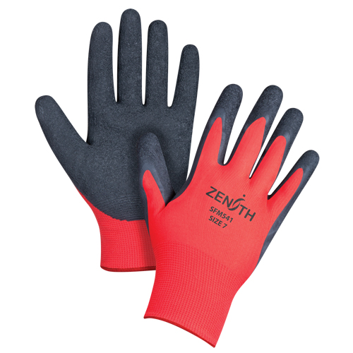 Black & Red Crinkle Grip Coated Gloves, 7/Small, Rubber Latex Coating, 13 Gauge, Polyester Shell