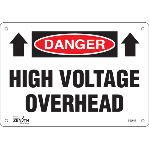 "High Voltage Overhead" Sign, 7" x 10", Plastic, English with Pictogram