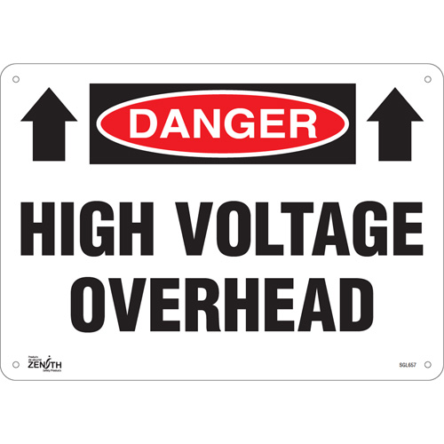 "High Voltage Overhead" Sign, 10" x 14", Plastic, English with Pictogram