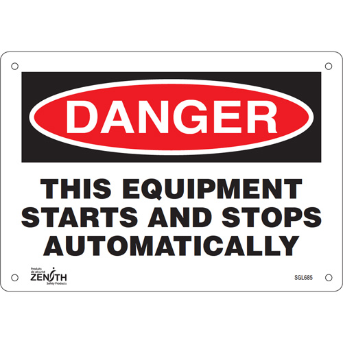 "This Equipment Starts And Stops Automatically" Sign, 7" x 10", Aluminum, English