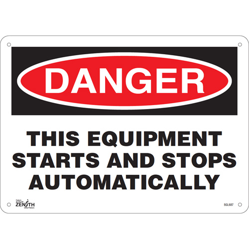 "This Equipment Starts And Stops Automatically" Sign, 10" x 14", Plastic, English