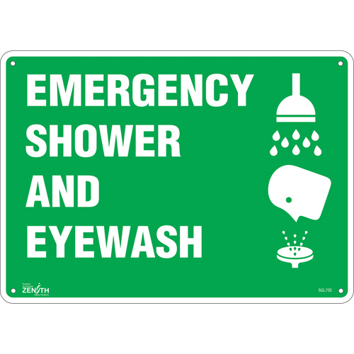 "Emergency Shower And Eyewash" Sign, 10" x 14", Plastic, English with Pictogram