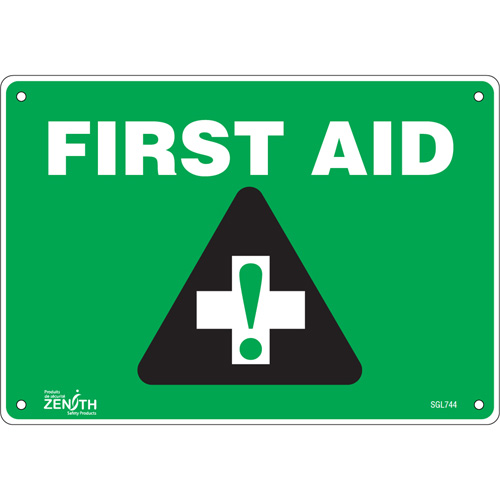 "First Aid" Sign, 7" x 10", Plastic, English with Pictogram