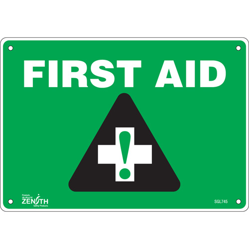 "First Aid" Sign, 7" x 10", Aluminum, English with Pictogram