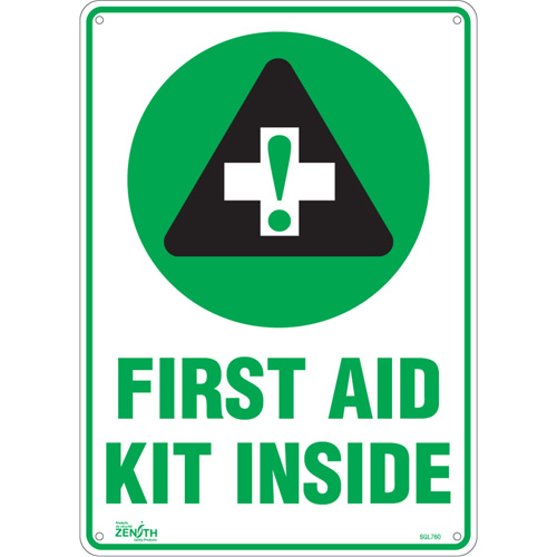"First Aid Kit" Sign, 14" x 10", Aluminum, English with Pictogram