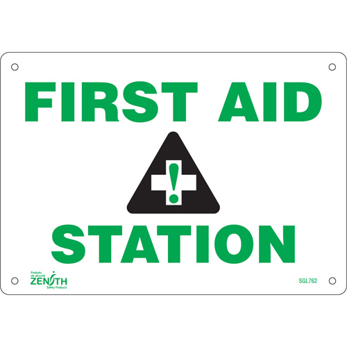 "First Aid Station" Sign, 7" x 10", Plastic, English with Pictogram
