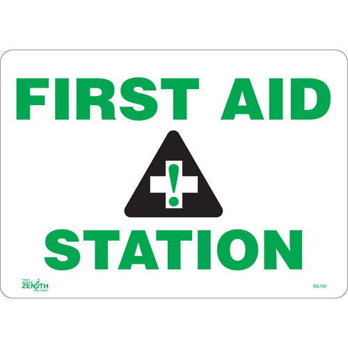 "First Aid Station" Sign, 10" x 14", Vinyl, English with Pictogram