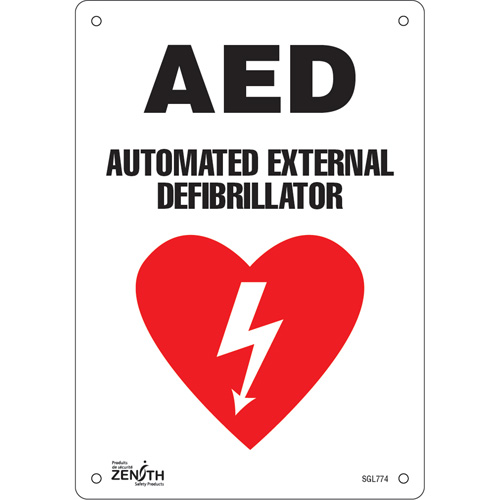 "AED Automated External Defibrillator" Sign, 10" x 7", Plastic, English with Pictogram