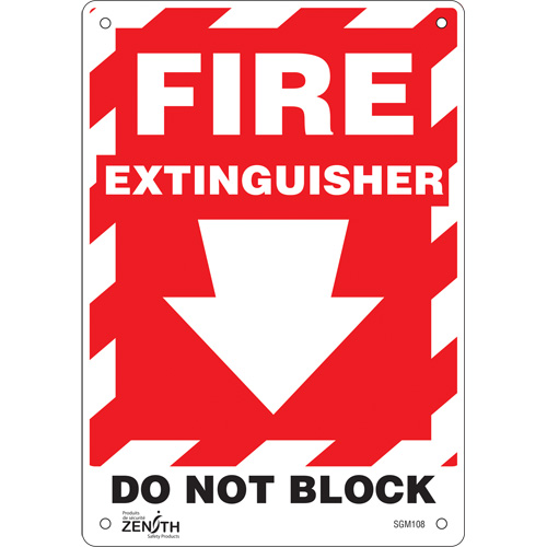 "Fire Extinguisher Do Not Block" with Down Arrow Sign, 10" x 7", Aluminum, English with Pictogram