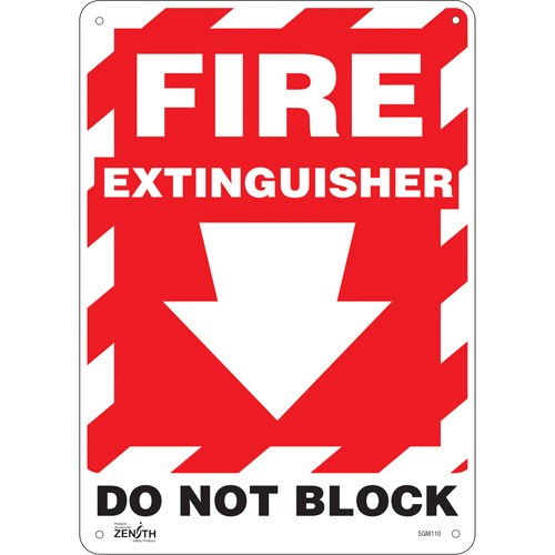 "Fire Extinguisher Do Not Block" with Down Arrow Sign, 14" x 10", Plastic, English with Pictogram