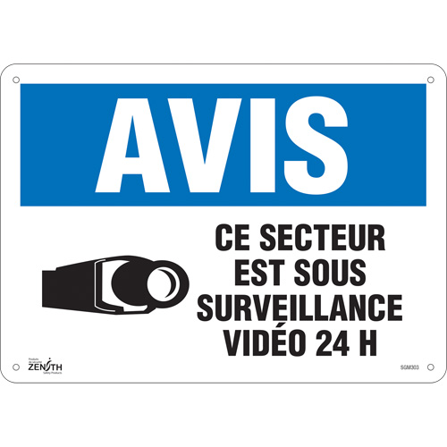 "Ce Secteur est Sous Surveillance" Sign, 10" x 14", Plastic, French with Pictogram
