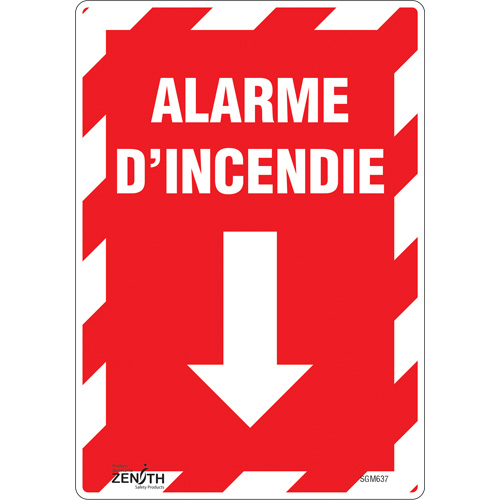 "Alarme D'Incendie" Arrow Sign, 10" x 7", Vinyl, French with Pictogram