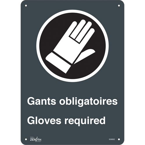 "Gant Obligatoires - Gloves Required" Sign, 14" x 10", Plastic, Bilingual with Pictogram