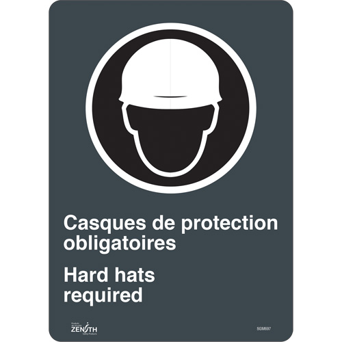 "Hard Hats Required" Sign, 14" x 10", Vinyl, Bilingual with Pictogram