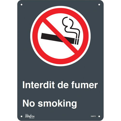 "Interdit De Fumer/No Smoking" Sign, 14" x 10", Plastic, Bilingual with Pictogram
