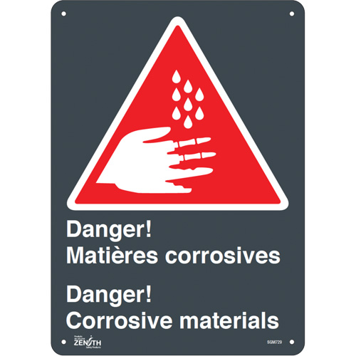 "Matières Corrosives/Corrosive Materials" Sign, 14" x 10", Aluminum, Bilingual with Pictogram
