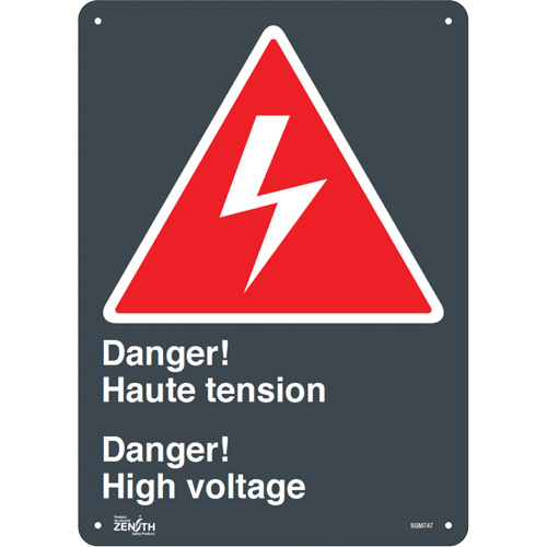 "Haute Tension/High Voltage" Sign, 14" x 10", Aluminum, Bilingual with Pictogram