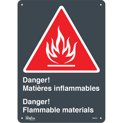 "Flammable Materials/Matières Inflammable" Sign, 14" x 10", Plastic, Bilingual with Pictogram