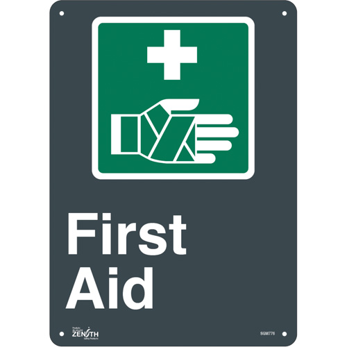 "First Aid" Sign, 14" x 10", Plastic, English with Pictogram