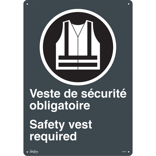 "Port du dossard obligatoire/Safety Vest Required" Sign, 20" x 14", Plastic, Bilingual with Pictogram