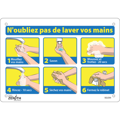 "N'oubliez pas de laver vos mains" Sign, 7" x 10", Plastic, French with Pictogram