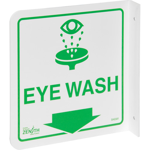 90° Projecting "Eye Wash" Sign, 8" x 8", Plastic, English with Pictogram