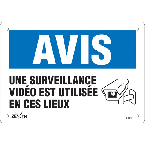 "Surveillance vidéo" Sign, 7" x 10", Plastic, French with Pictogram