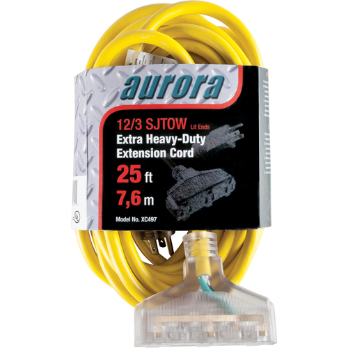 Vinyl Extension Cord with Light Indicator, Outdoor, SJTOW, 12/3 AWG, 15 A, 3 Outlet(s), 25'