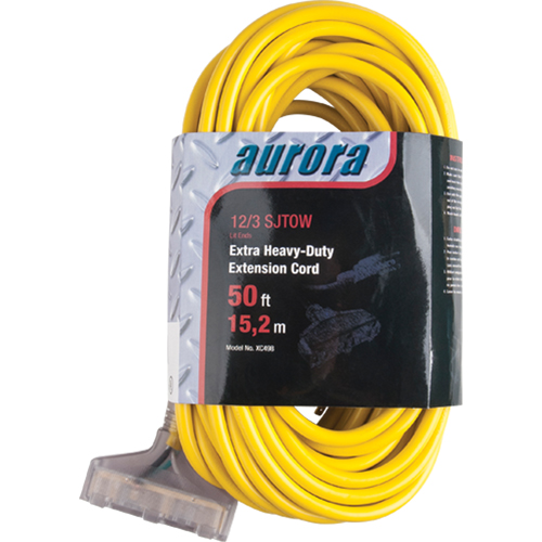Vinyl Extension Cord with Light Indicator, Outdoor, SJTOW, 12/3 AWG, 15 A, 3 Outlet(s), 50'